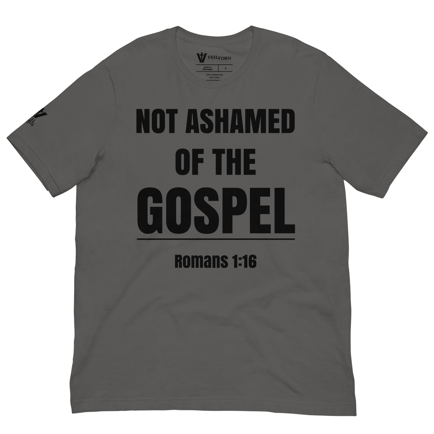 Romans 1:16 Not Ashamed of the Gospel Grey T-Shirt - Front View